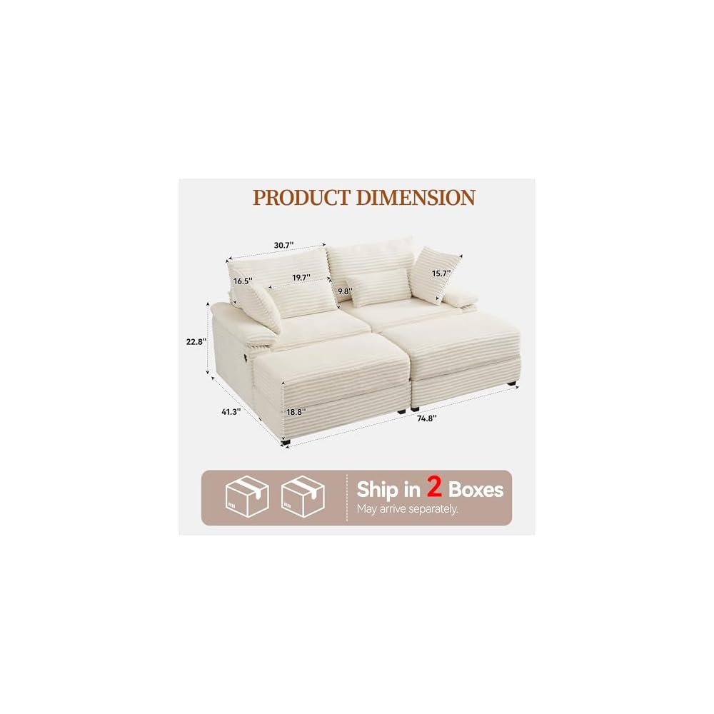 75" Oversized Loveseat Sofa with Storage Ottoman & USB Ports, Deep Seat Corduroy Couch with Coffee Table, Double Chaise Lounge for Living Room, Beige