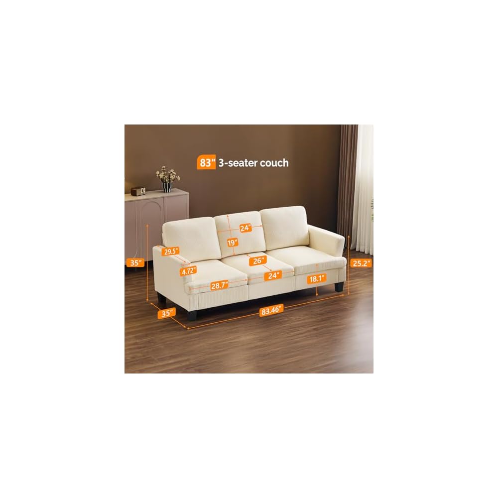 VINGLI Beige 83" Sofa Couches for Living Room, Corduroy Modern Comfy 3 Seater Couch 25.6" Deep Seat Upholstery Cozy Sofas for Small Space, Bedroom, Apartment, Home Office