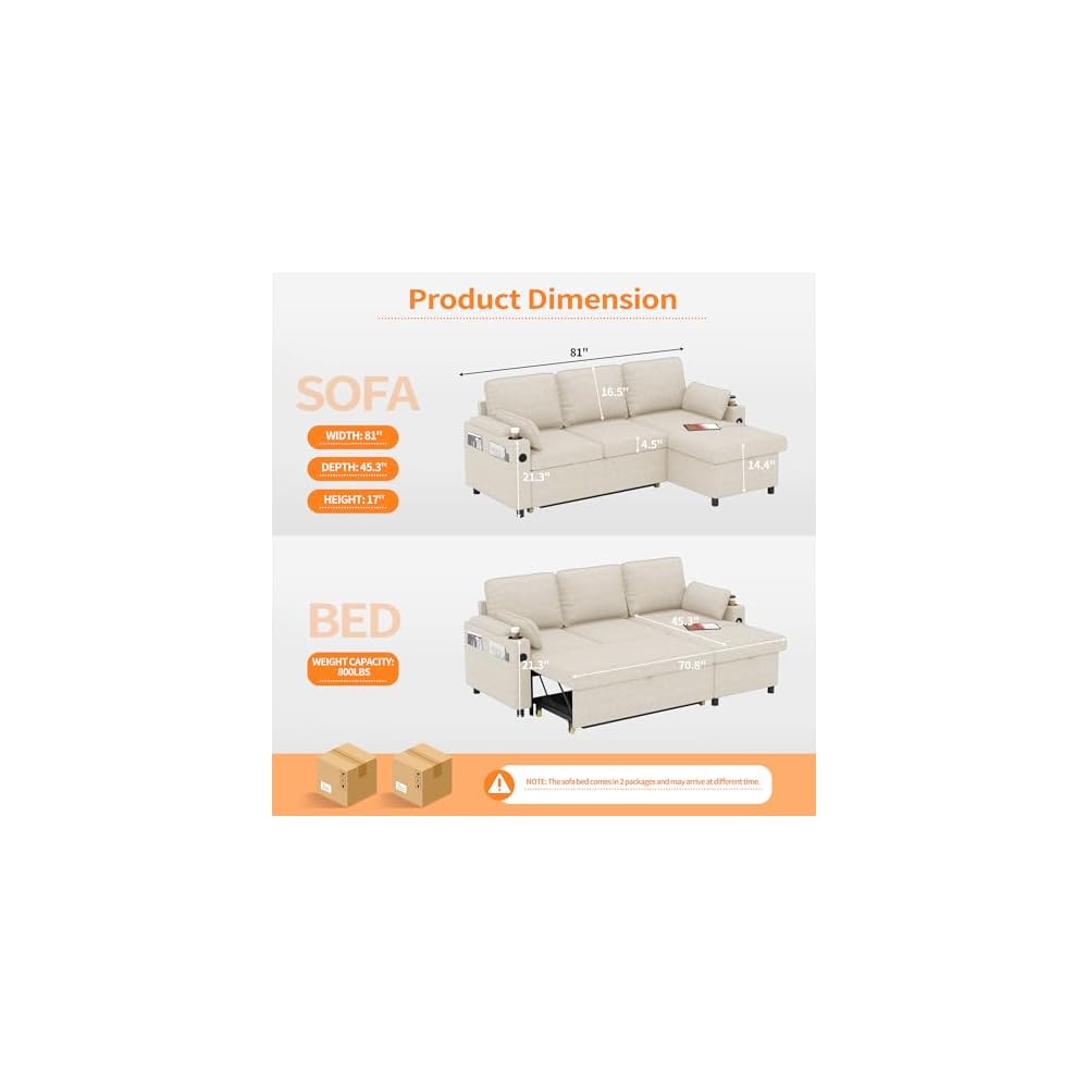 DURASPACE Sleeper Couch Pull Out Sofa Bed 2 in 1 Convertible Sofa Sleeper with Storage, L Shaped Sectional Couch Bed for Small Spaces Living Room Bedroom Apartment (Beige)