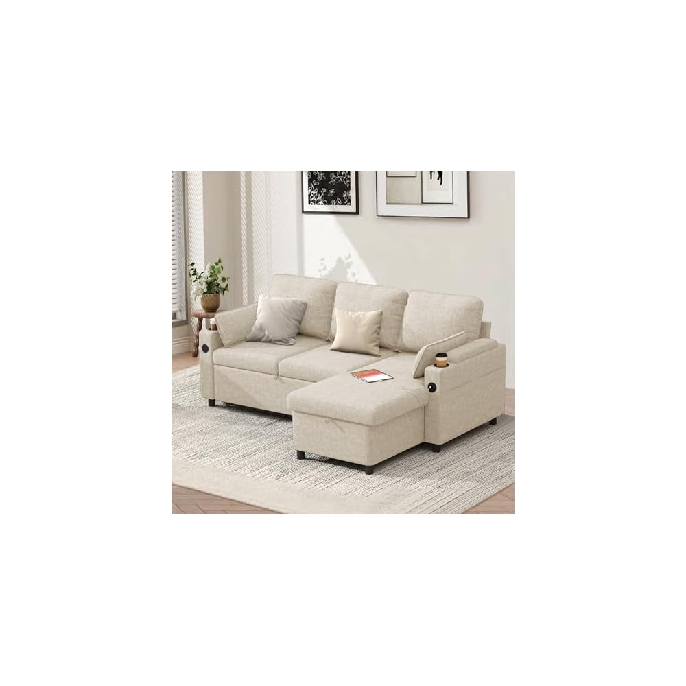 DURASPACE Sleeper Couch Pull Out Sofa Bed 2 in 1 Convertible Sofa Sleeper with Storage, L Shaped Sectional Couch Bed for Small Spaces Living Room Bedroom Apartment (Beige)