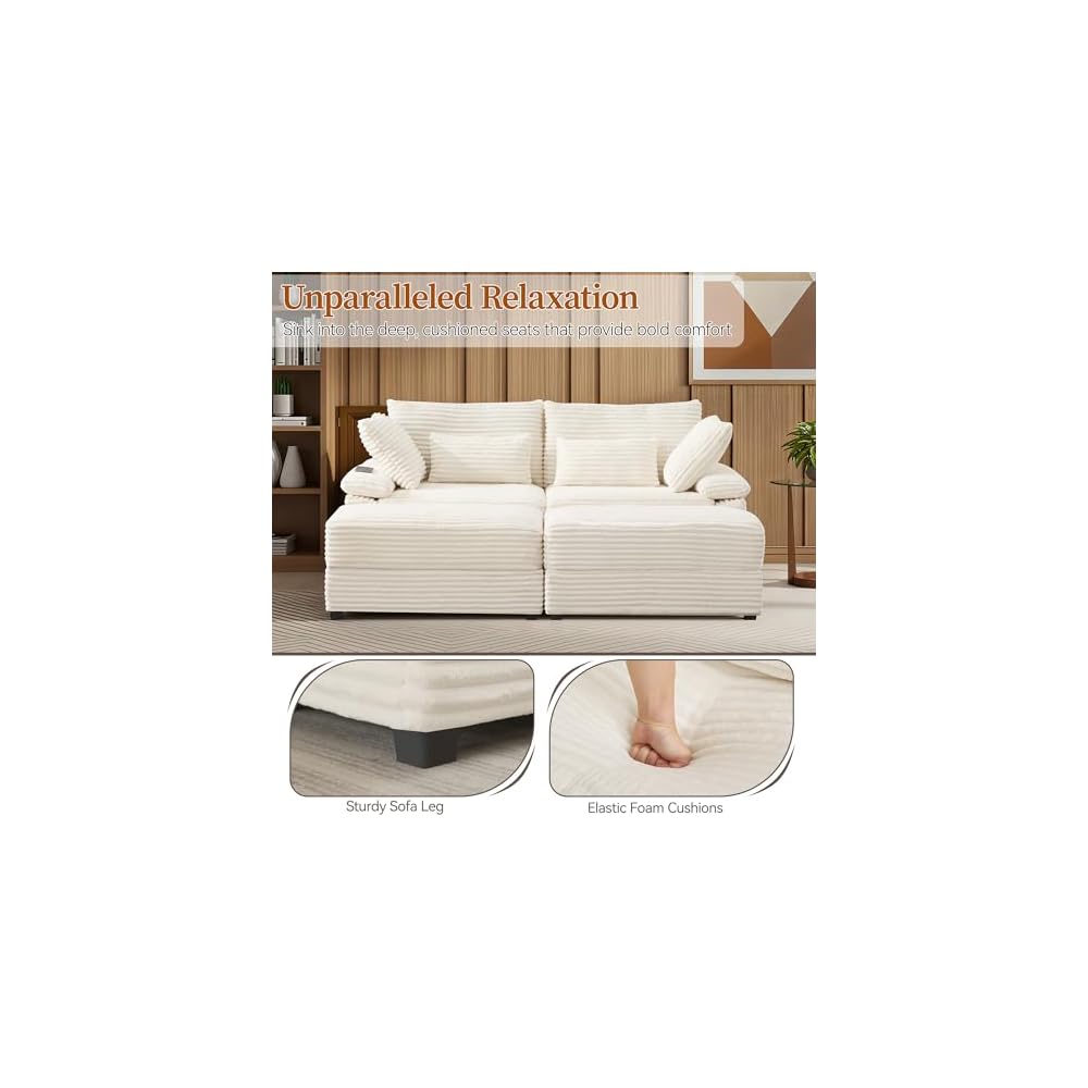 75" Oversized Loveseat Sofa with Storage Ottoman & USB Ports, Deep Seat Corduroy Couch with Coffee Table, Double Chaise Lounge for Living Room, Beige