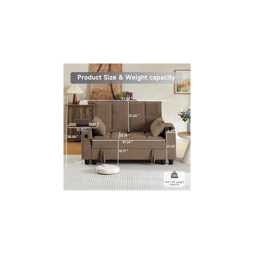 Auvsoce 61" Loveseat Sofa with Hidden Storage Armrests, 360° Swivel Tray Table, USB Charging Ports & 2 Cup Holders, Deep Seat 2-Seater Small Couch for Living Room, Apartment, Home Office