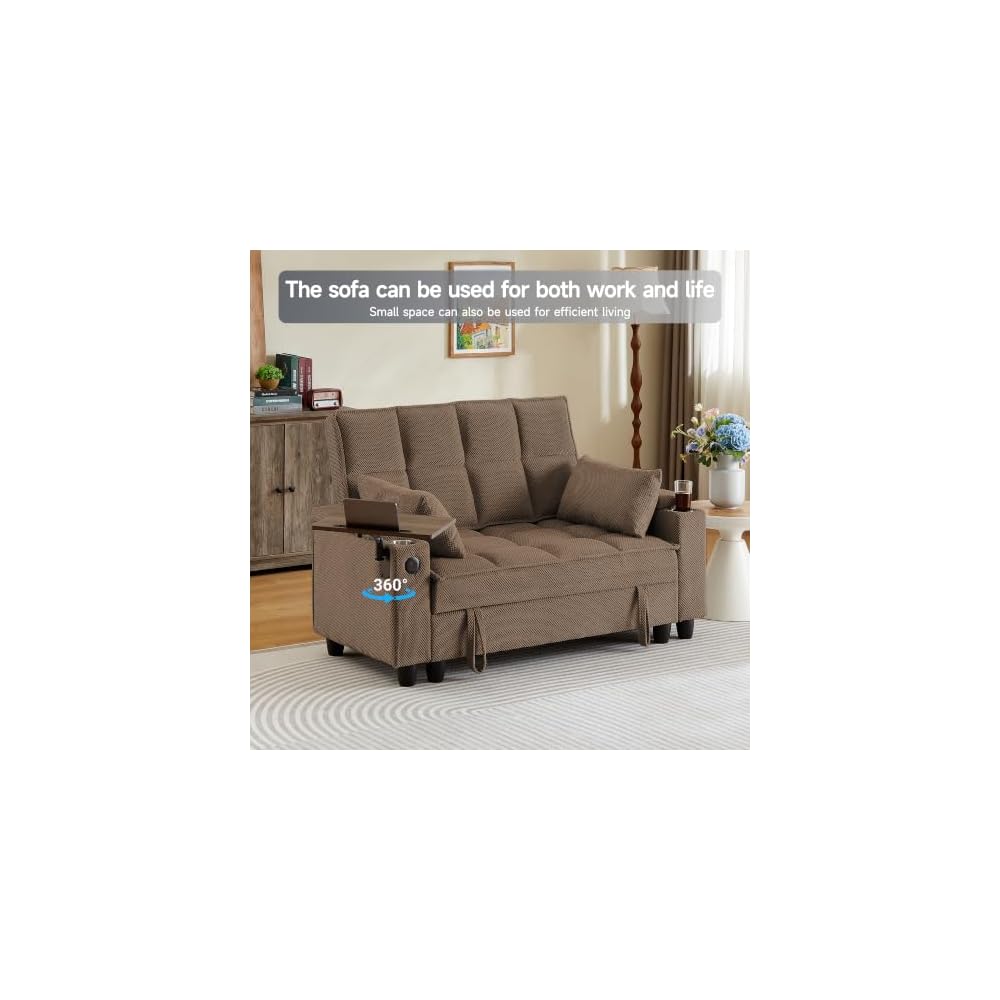 Auvsoce 61" Loveseat Sofa with Hidden Storage Armrests, 360° Swivel Tray Table, USB Charging Ports & 2 Cup Holders, Deep Seat 2-Seater Small Couch for Living Room, Apartment, Home Office