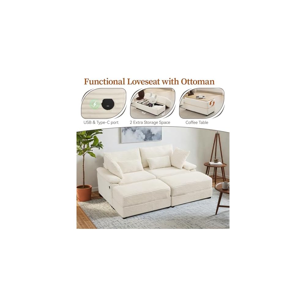 75" Oversized Loveseat Sofa with Storage Ottoman & USB Ports, Deep Seat Corduroy Couch with Coffee Table, Double Chaise Lounge for Living Room, Beige