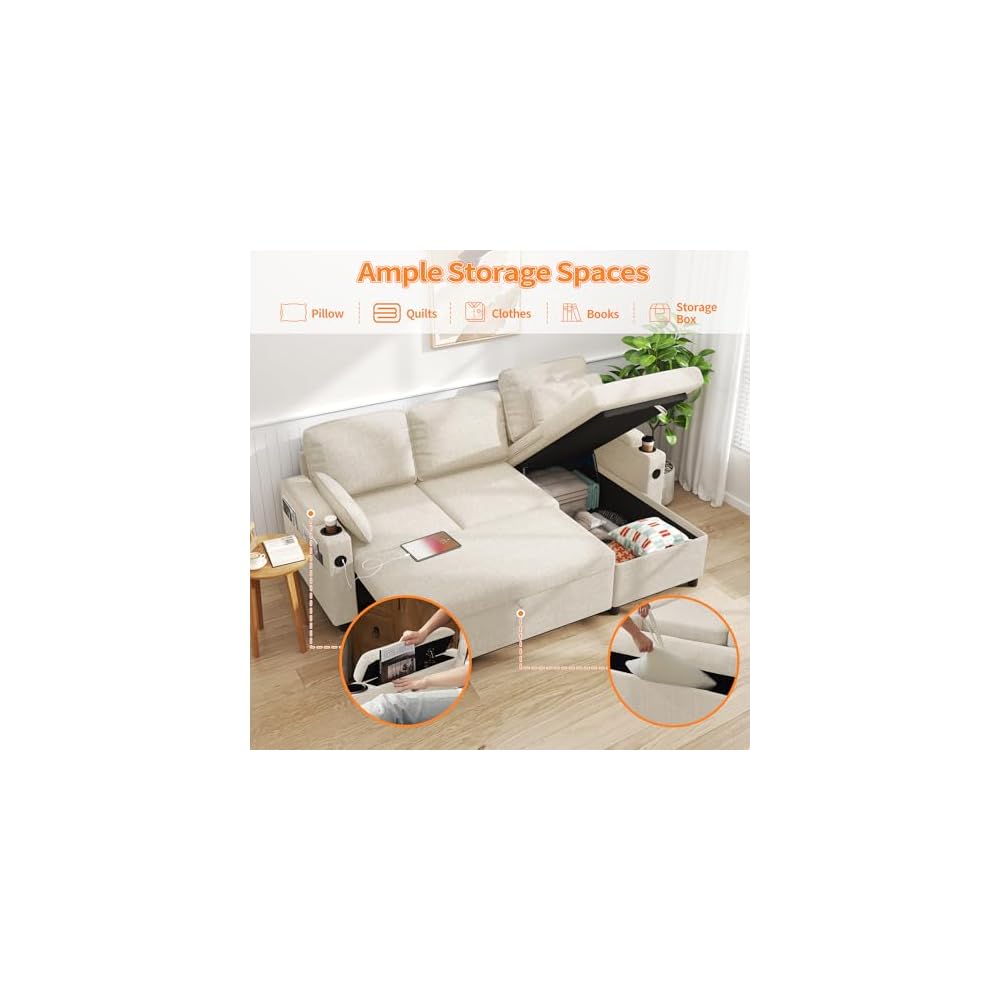 DURASPACE Sleeper Couch Pull Out Sofa Bed 2 in 1 Convertible Sofa Sleeper with Storage, L Shaped Sectional Couch Bed for Small Spaces Living Room Bedroom Apartment (Beige)