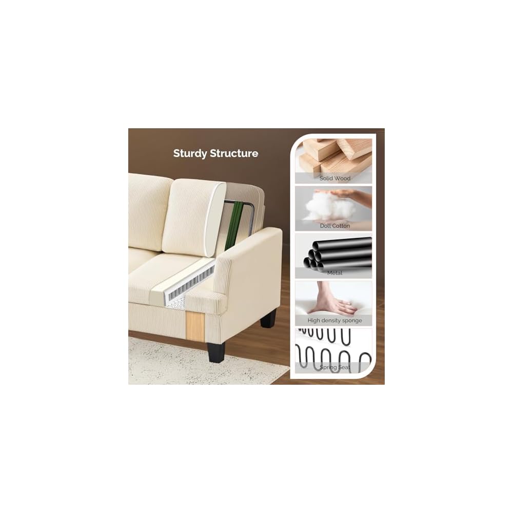 VINGLI Beige 83" Sofa Couches for Living Room, Corduroy Modern Comfy 3 Seater Couch 25.6" Deep Seat Upholstery Cozy Sofas for Small Space, Bedroom, Apartment, Home Office