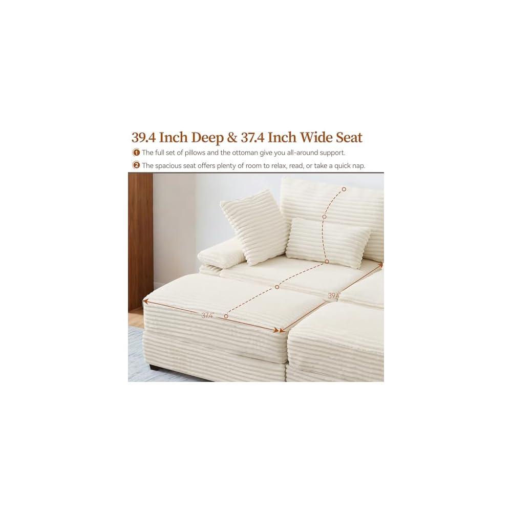 75" Oversized Loveseat Sofa with Storage Ottoman & USB Ports, Deep Seat Corduroy Couch with Coffee Table, Double Chaise Lounge for Living Room, Beige