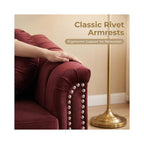 Velvet 3-Seater Sofa with Tufted Back & Nailhead Trim, Modern Vintage Couch with 2 Round Pillows, Luxury Comfy Upholstered Sofa for Living Room, Apartment, Office (Burgundy)