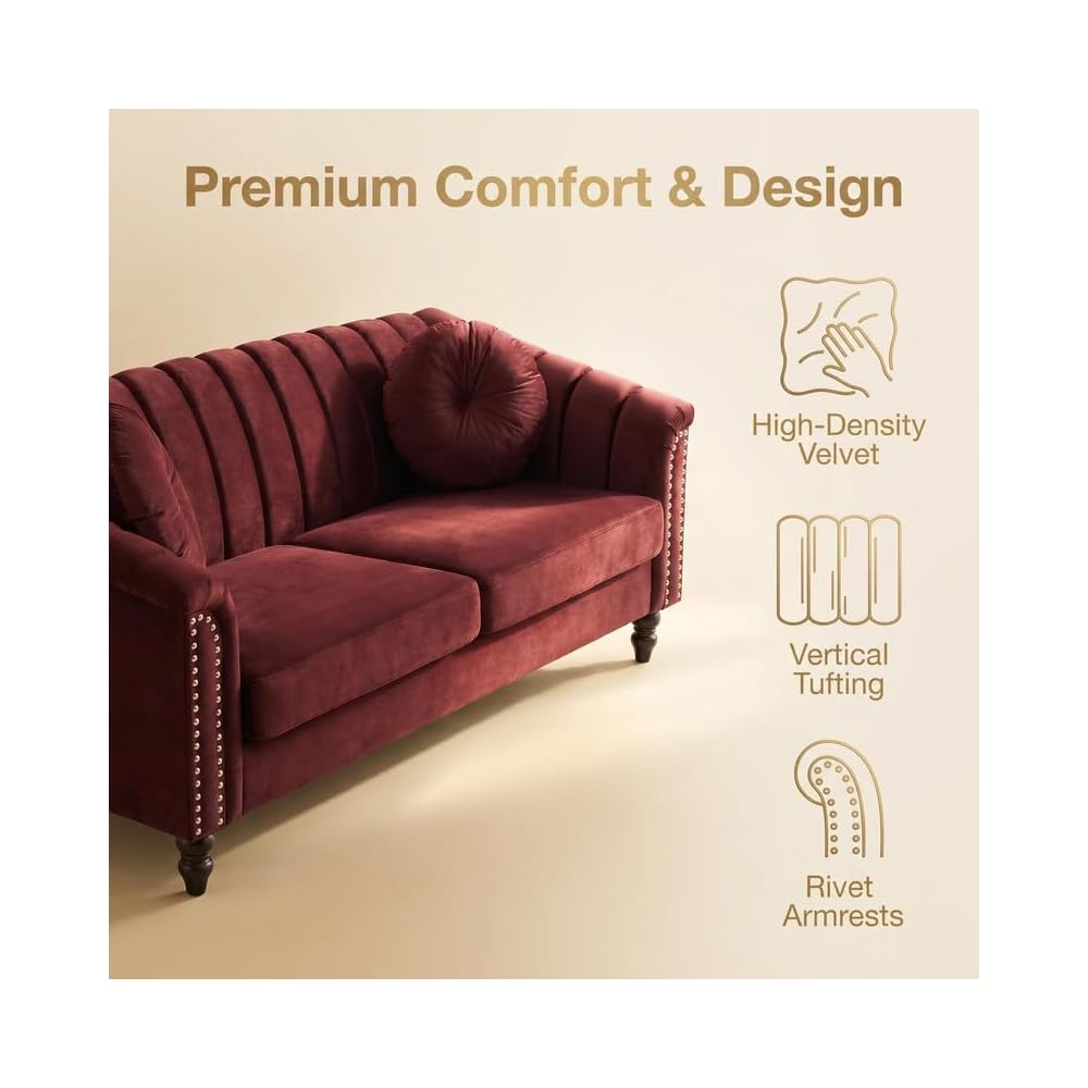 Velvet 3-Seater Sofa with Tufted Back & Nailhead Trim, Modern Vintage Couch with 2 Round Pillows, Luxury Comfy Upholstered Sofa for Living Room, Apartment, Office (Burgundy)