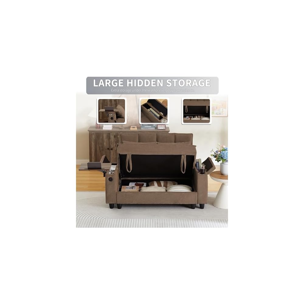 Auvsoce 61" Loveseat Sofa with Hidden Storage Armrests, 360° Swivel Tray Table, USB Charging Ports & 2 Cup Holders, Deep Seat 2-Seater Small Couch for Living Room, Apartment, Home Office