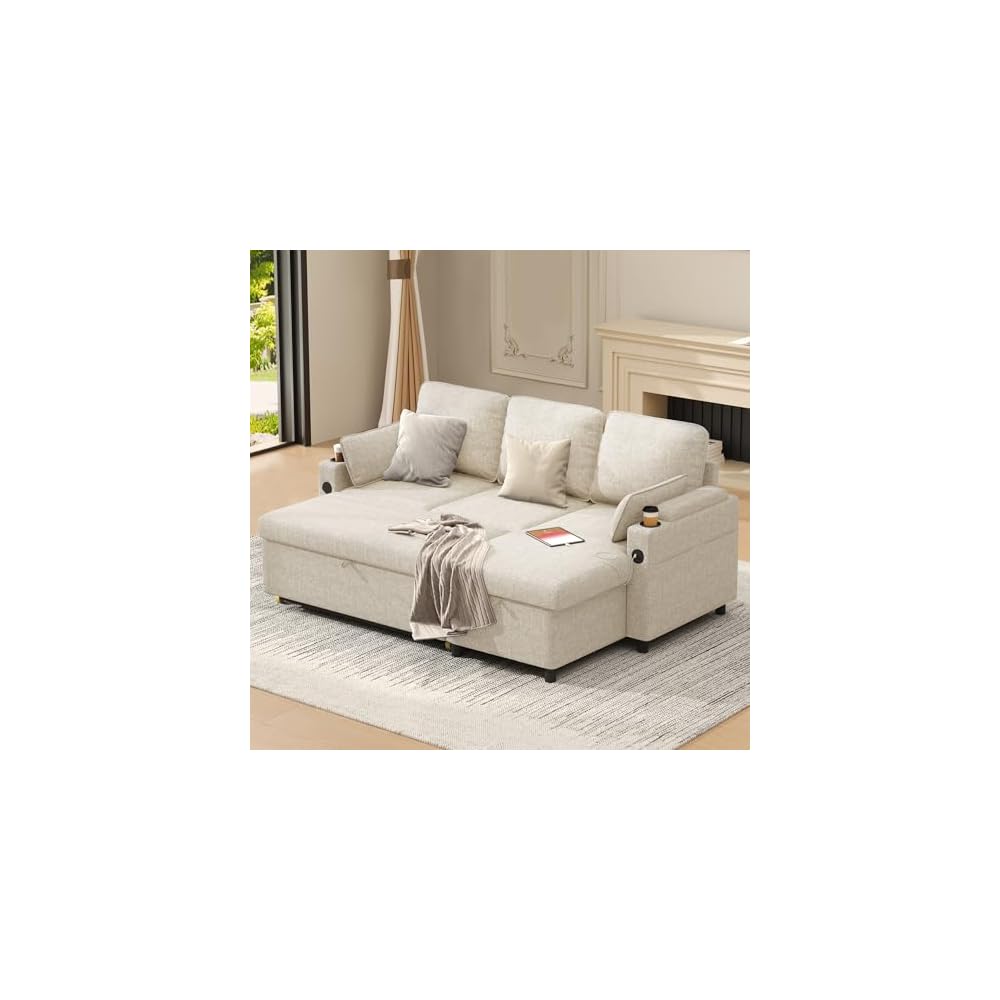 DURASPACE Sleeper Couch Pull Out Sofa Bed 2 in 1 Convertible Sofa Sleeper with Storage, L Shaped Sectional Couch Bed for Small Spaces Living Room Bedroom Apartment (Beige)