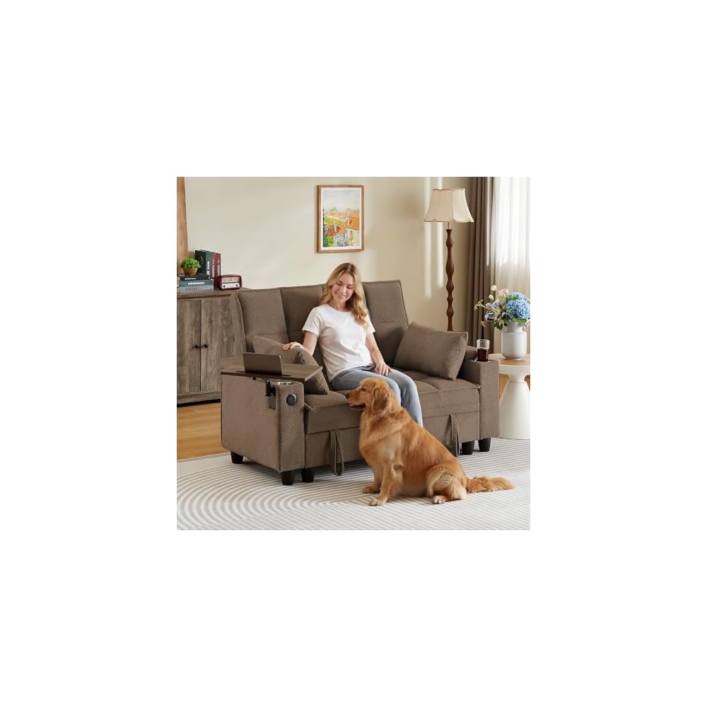 Auvsoce 61" Loveseat Sofa with Hidden Storage Armrests, 360° Swivel Tray Table, USB Charging Ports & 2 Cup Holders, Deep Seat 2-Seater Small Couch for Living Room, Apartment, Home Office