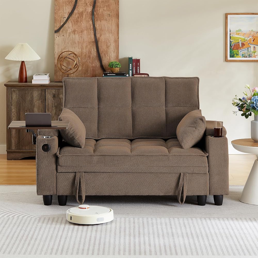 Auvsoce 61" Loveseat Sofa with Hidden Storage Armrests, 360° Swivel Tray Table, USB Charging Ports & 2 Cup Holders, Deep Seat 2-Seater Small Couch for Living Room, Apartment, Home Office