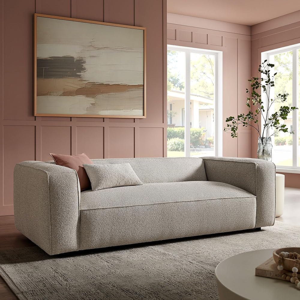 Modway Auren 88 Inch Lattice Bouclé Sofa with Pocket Spring Seat in Fog